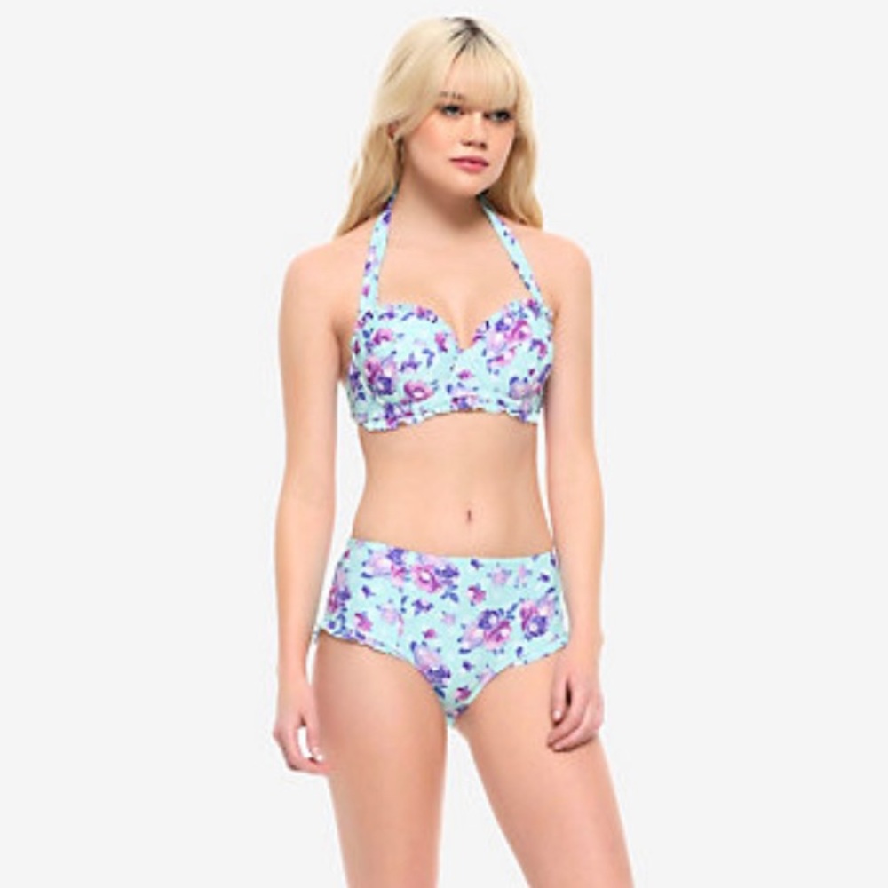 BLUE FLORAL POLKA DOT RUFFLE SWIM TOP‎ Hot Topic